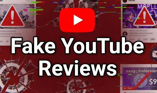 an image showing a youtube logo with the words "fake youtube reviews" indicating that Cryptonomy and Nomy Finance pay Youtube influencers to make fake reviews