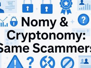 An image with the words: "Nomy and Cryptonomy: Same Scammers" indicating that Cryptonomy changed their name to Nomy Finance to continue stealing money from their investors