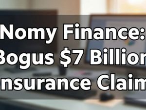 A high-contrast news-style graphic or document titled "Nomy Finance: The $7 Billion Bogus Insurance Claim.