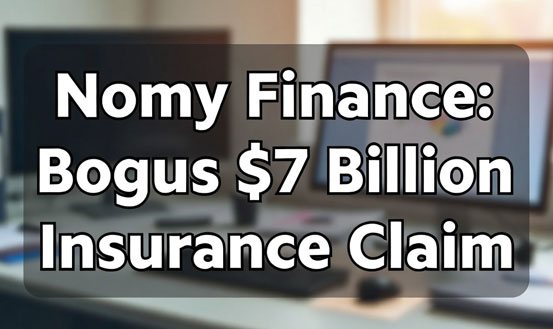 A high-contrast news-style graphic or document titled "Nomy Finance: The $7 Billion Bogus Insurance Claim.